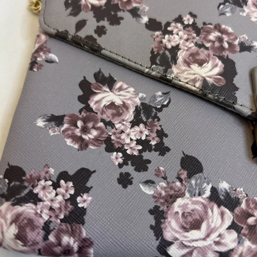 #8604 GUESS FLORAL LILAC CLUTCH PURSE CHAIN OVER SHOULDER